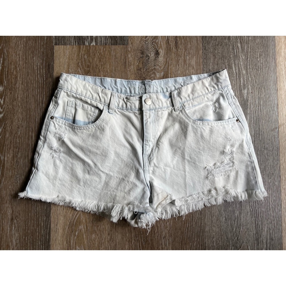 rue21 Denim Shorts Womens 12 Light Wash Distressed Raw Hem High Rise